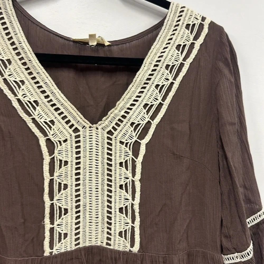 Entro brown cream crochet long sleeve dress S - Picture 4 of 9